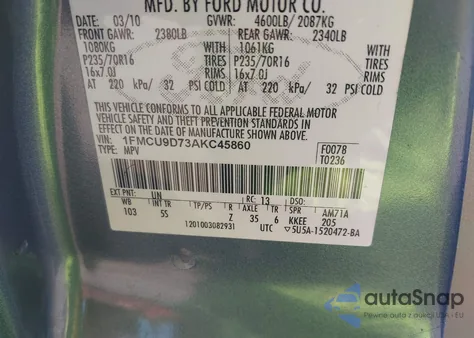 2010 Ford Escape Xlt from USA, damaged, VIN 1FMCU9D73AKC45860